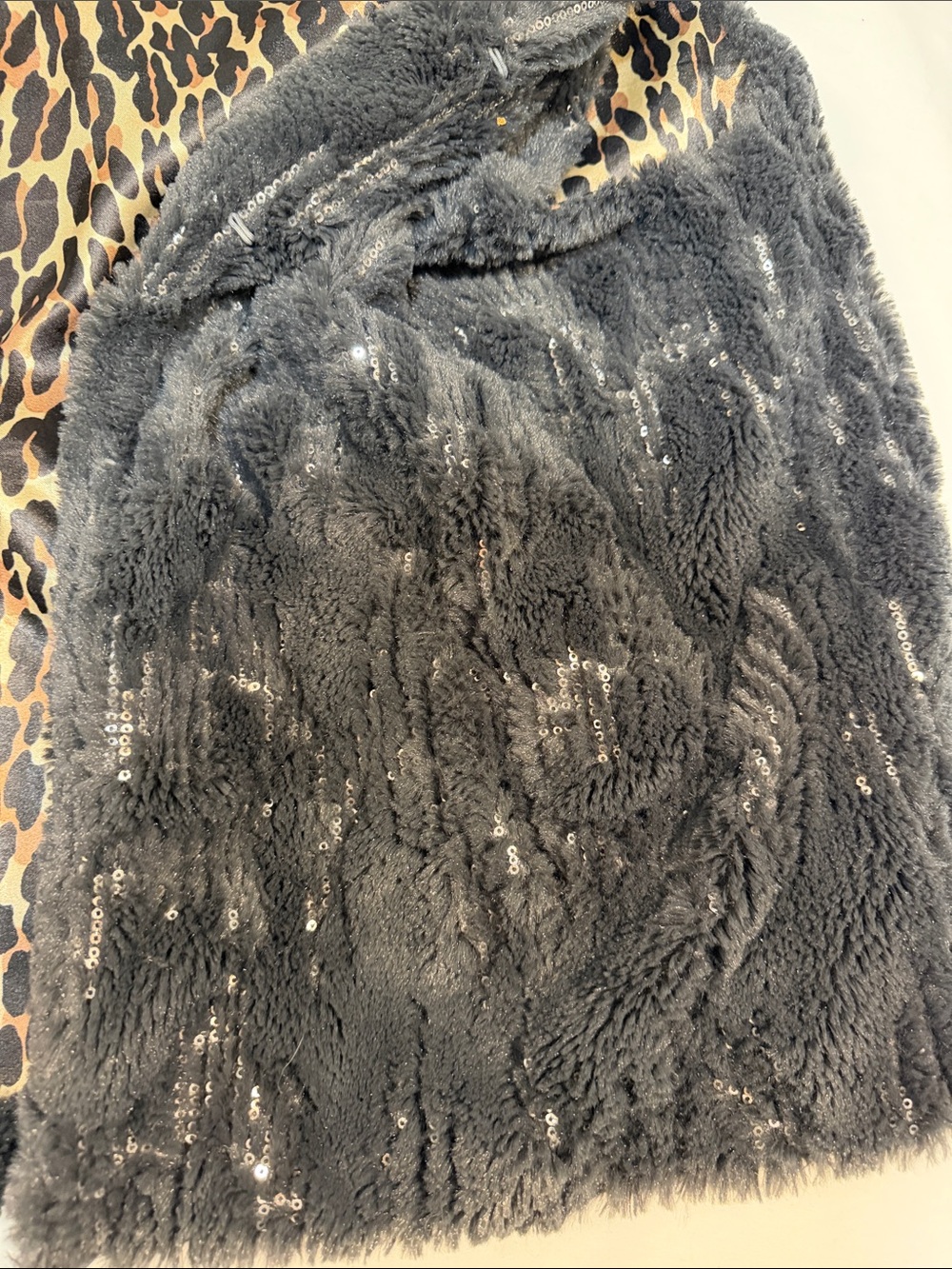 Betsey Johnson WL Black Faux Fur & Sequin Vest with Leopard Lining - Picture 4 of 11